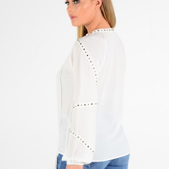 Stud Trim Crepe Top White - Picture 2 of 4